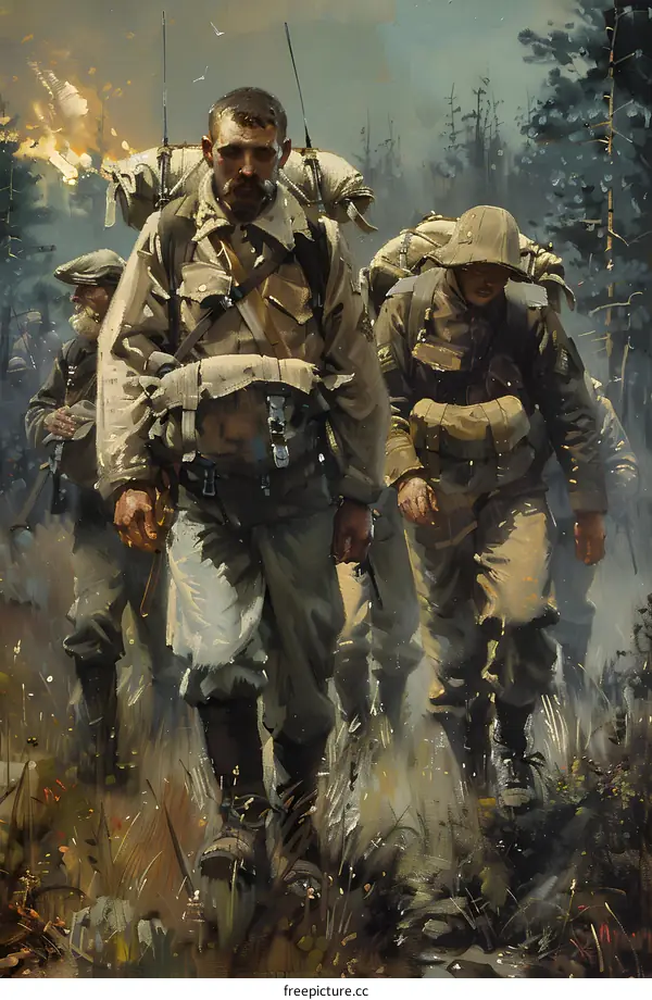 Four soldiers walking through a forest with large packs on their backs