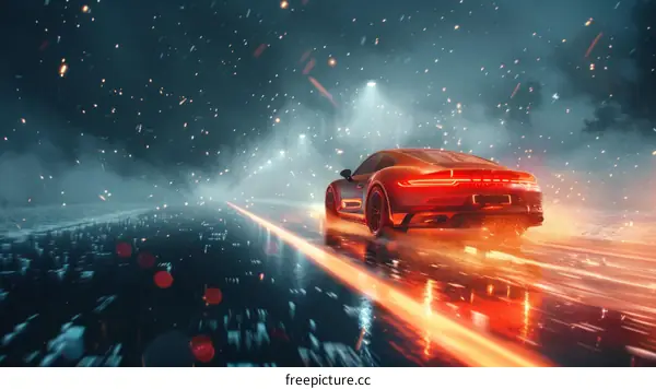 A Red Porsche Sports Car Speeds Through a Snowy City at Night
