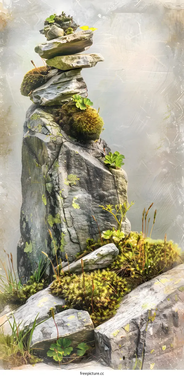 Stacked Rocks with Moss and Green Plants in the Nature
