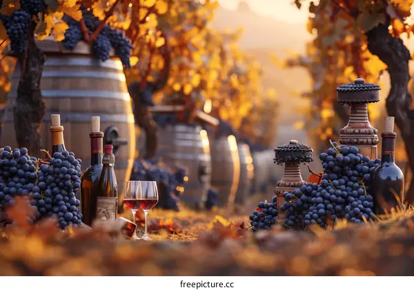 Still life with grapes, wine bottles and glasses in vineyard at sunset