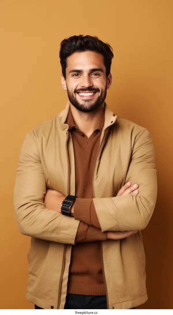 Handsome young man with brown hair and beard wearing a brown sweater and jacket smiling