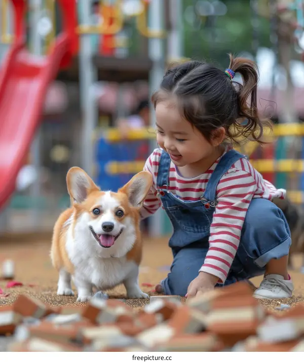 Asian toddler girl playing with a corgi dog in the playground