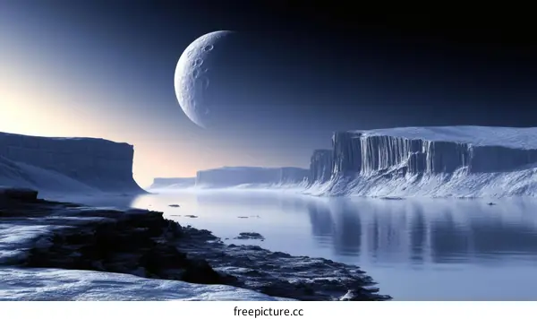 Alien Planet Landscape with a Large Moon