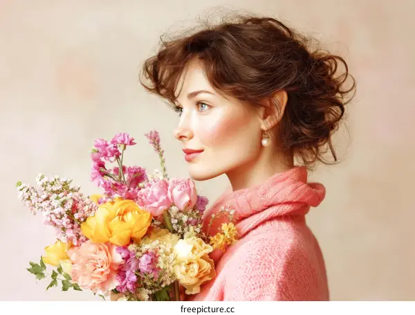 Beautiful Woman with a Spring Bouquet