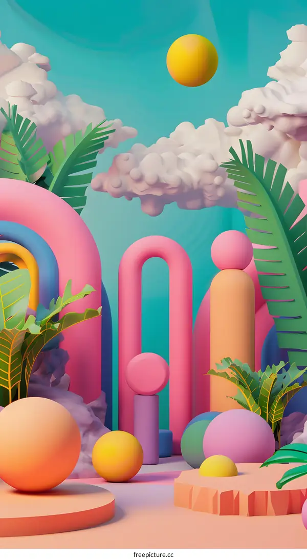 3D Illustration of a Tropical Paradise with Colorful Shapes and Palm Trees