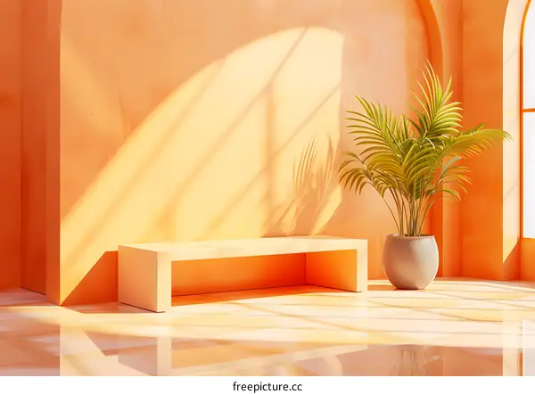 Minimalist Interior Design with Orange Walls and a Palm Tree