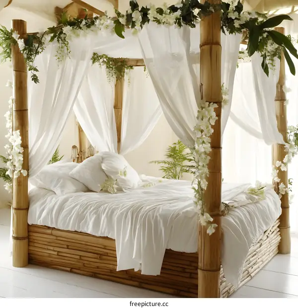 White Canopy Bed With Bamboo Frame
