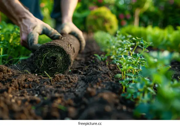 gardener laying new sod in backyard vegetable garden