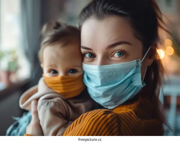 Mother and baby wearing surgical masks to prevent coronavirus infection