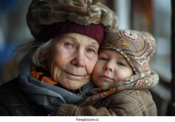 An old woman and a child are hugging each other