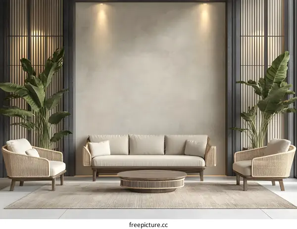 Modern Living Room Interior Design with Beige Sofa and Rattan Armchairs