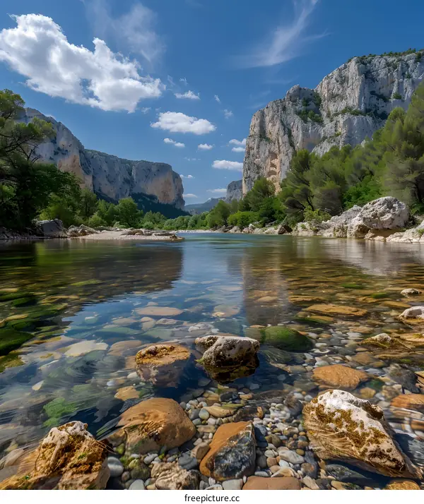 Shallow River Surrounded by Rocks and Cliffs