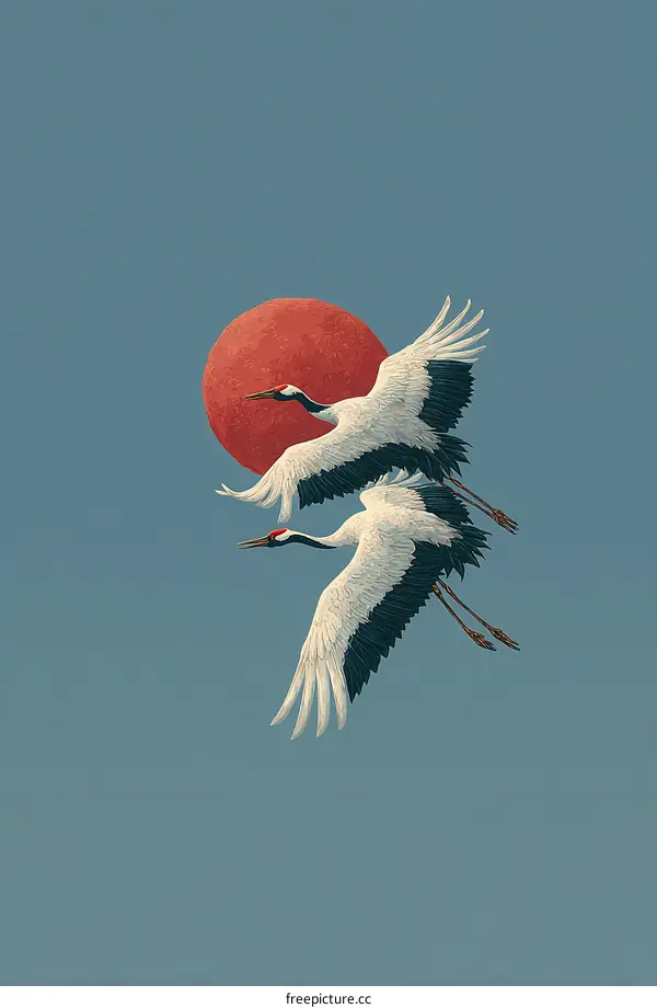 Two Red-crowned Cranes Soaring Through the Sky
