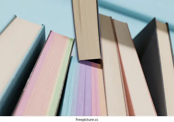 Stack of colorful books with different covers on blue background