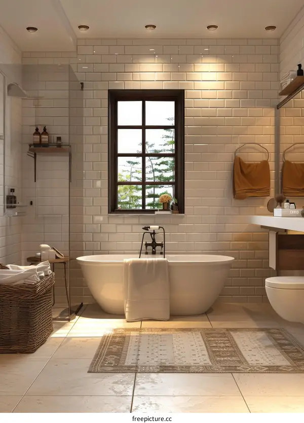 Scandinavian-style bathroom with bathtub, shower and sink