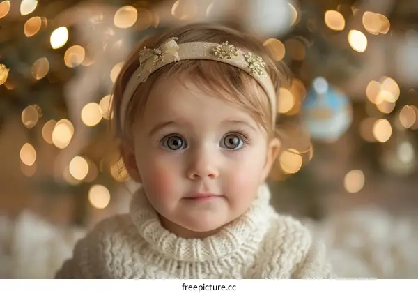 Little girl in front of Christmas lights