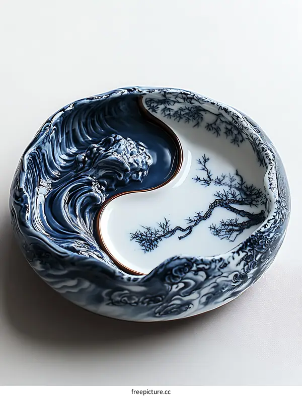 Blue and White Ceramic Tea Tray with Yin Yang Design