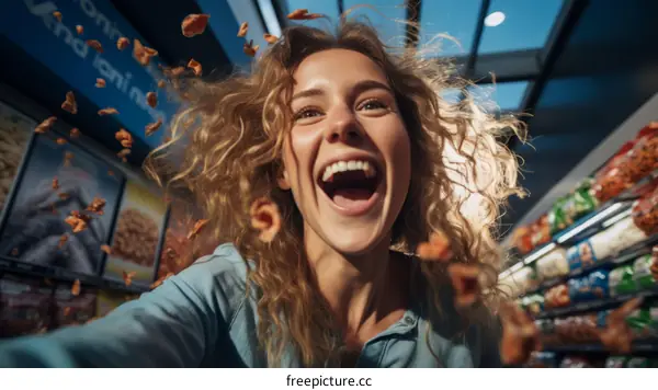 Laughing woman with flying snacks