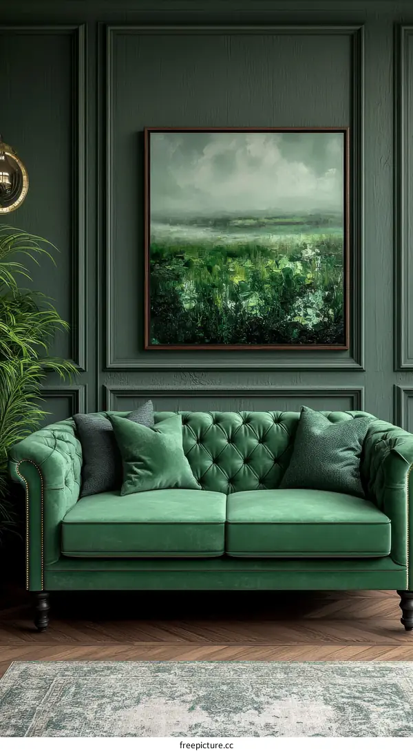 Emerald Green Living Room Interior Design with Artwork