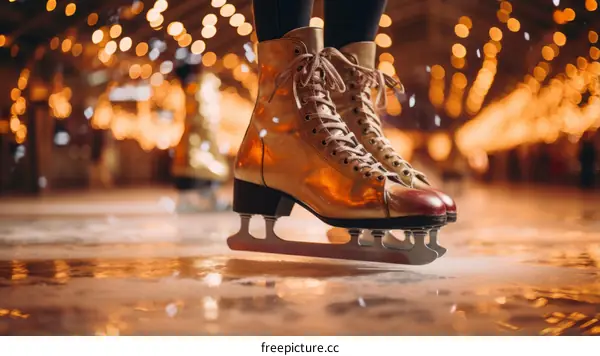 Close-up of a person ice skating on an ice rink with blurred lights in the background