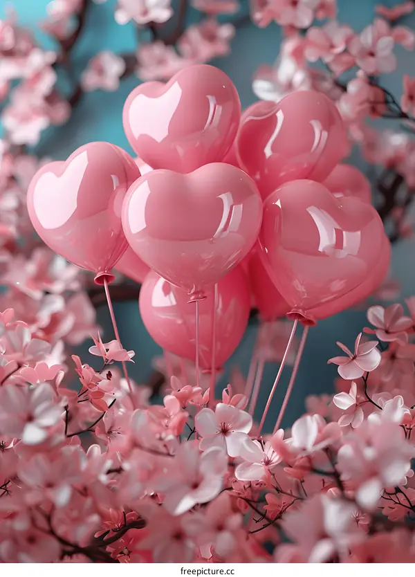 Pink balloons are flying over the cherry tree