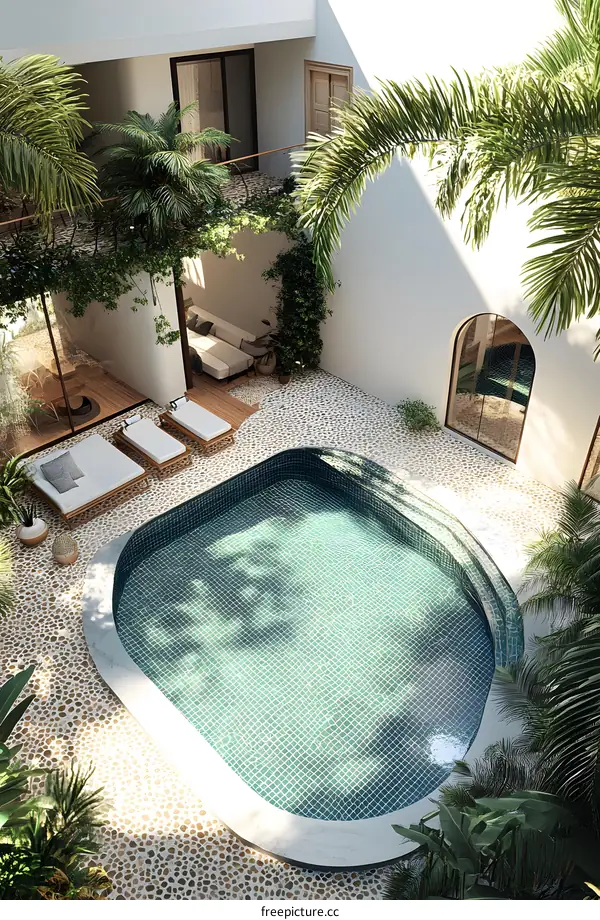 Tropical Courtyard with Swimming Pool and Palm Trees