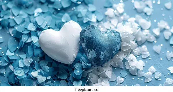 Two Heart Decorations on Sequined Blue Background