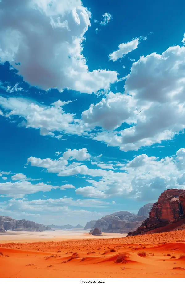 A vast desert landscape with red sand dunes and a blue sky filled with clouds