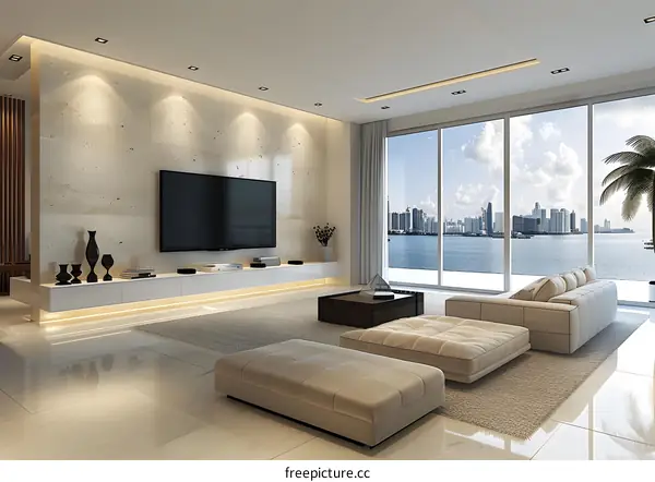 Modern living room with sea view