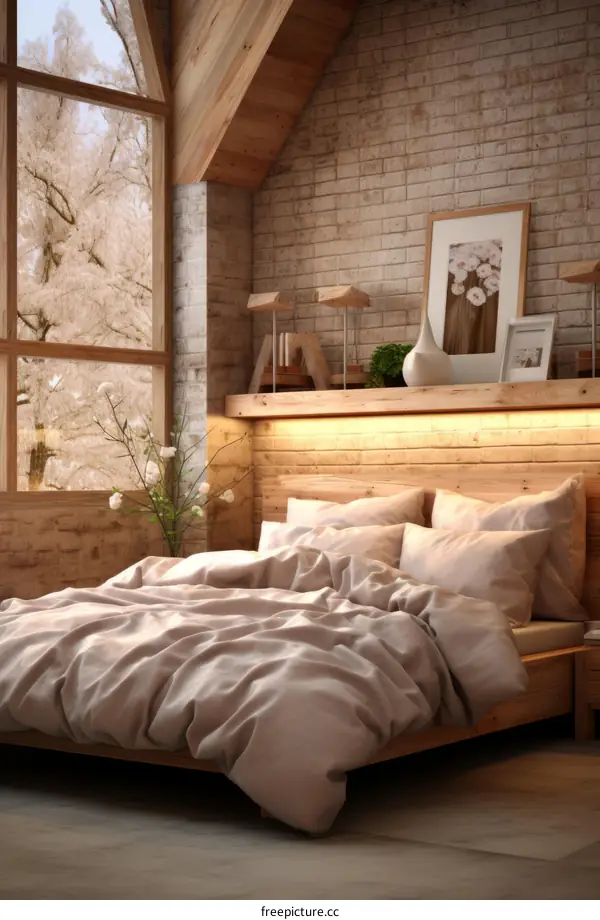 A cozy bedroom with a large window and a brick wall