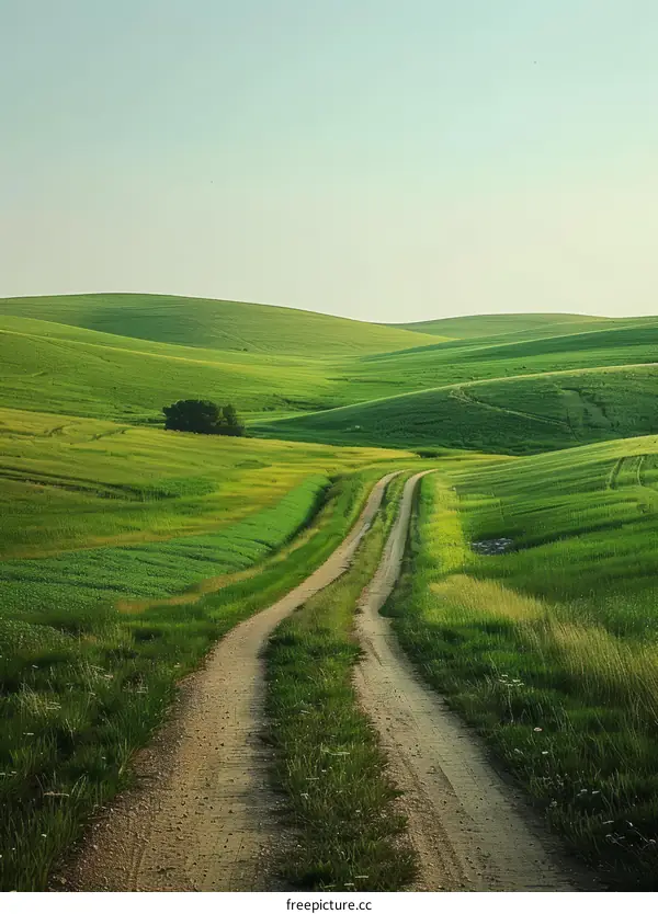 Lush Green Hillside Road in Rural Landscape
