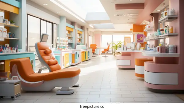 Modern and colorful pharmacy interior
