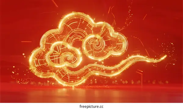 Golden Cloud Pattern with Digital Light Effect on Red Background