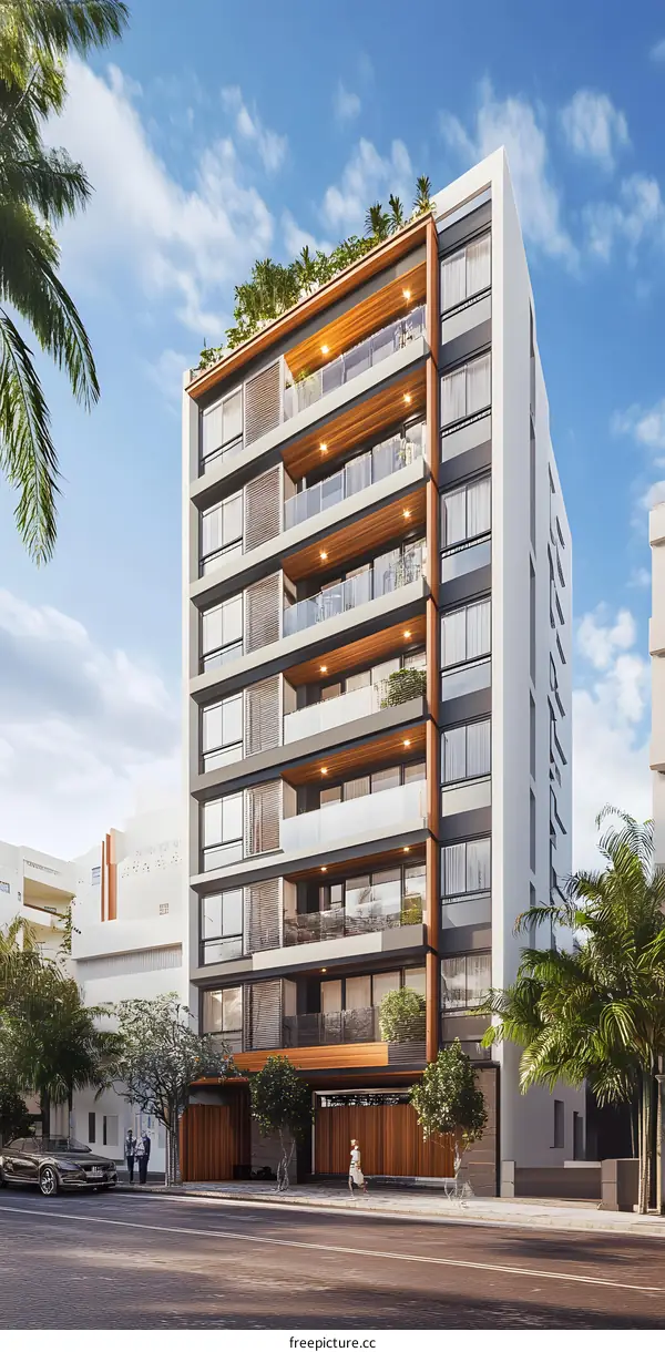 Modern Apartment Building with Balconies and Palm Trees