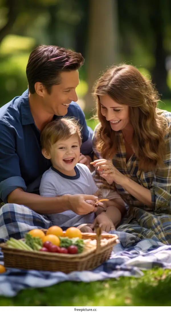 Happy family of three having picnic in park