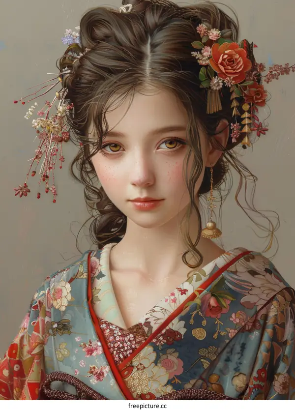 Portrait of a Young Woman in Kimono with Floral Headdress