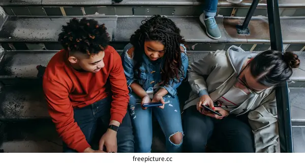 Three Friends Sitting On Stairs Using Mobile Phones