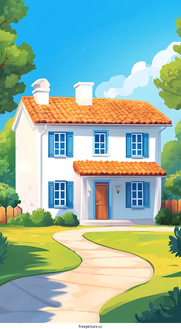 Two Story House With Curved Path In Front Yard