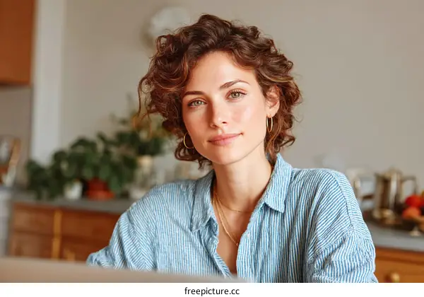 Close-up Portrait of a Woman in a Light Blue Striped Shirt