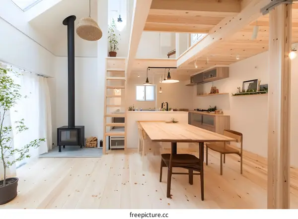 Modern Minimalist Wooden Interior Design of a Home with a Fireplace