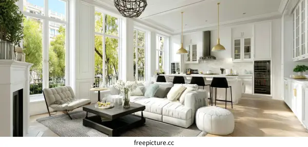 Modern European Style Living Room with Kitchen