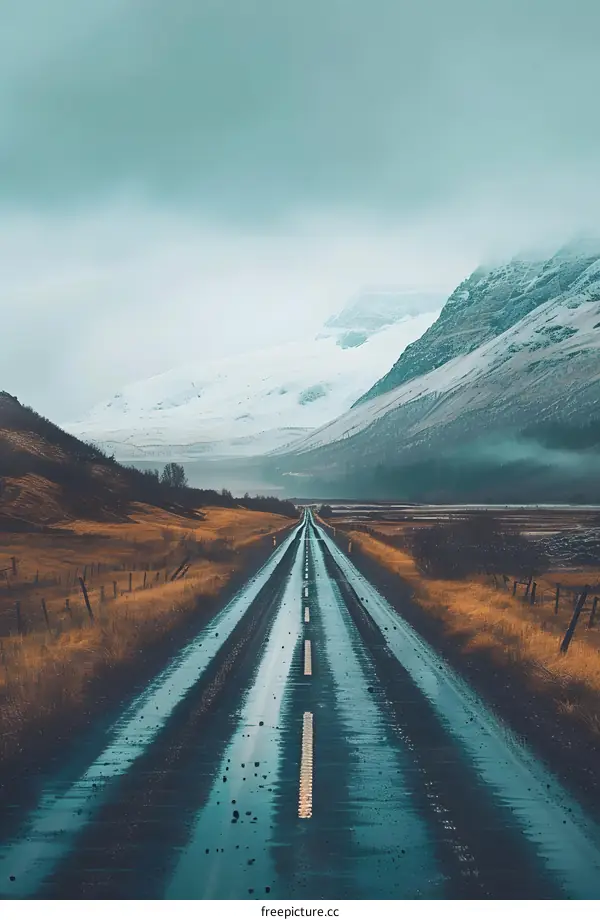 Empty Road Leading to Snowy Mountain Range