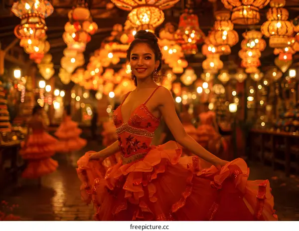 Woman in Red Dress Dancing Under Lanterns
