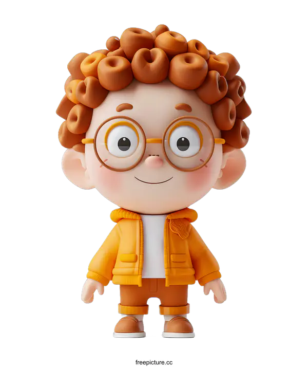 [Transparent Background PNG]3D cartoon character of a boy with curly hair wearing glasses and an orange jacket