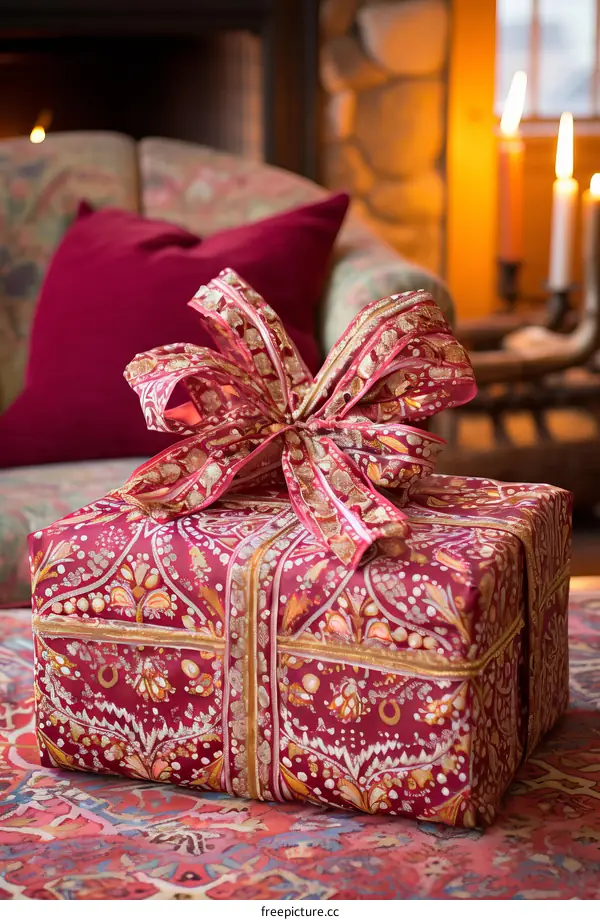A beautifully wrapped present sits on a luxurious carpet in front of a fireplace.