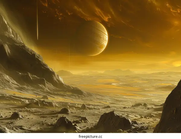 An illustration of a rocky moon with a gaseous giant in the sky