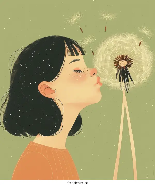 Girl Blowing Dandelion Seeds in a Meadow