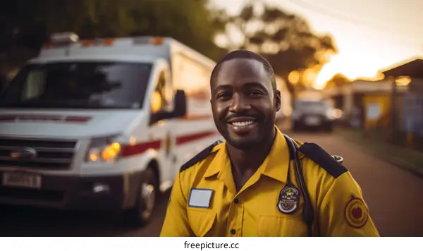 Portrait of a smiling African American male paramedic in front of an ambulance