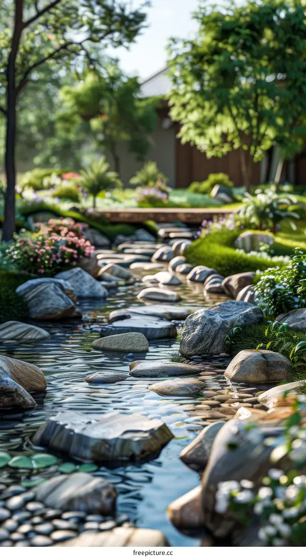 Small Creek Flowing Through a Garden with Stepping Stones