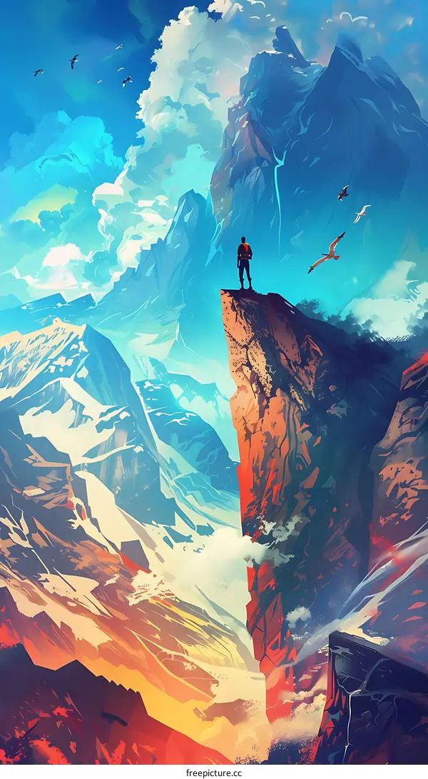 Man Standing On Clifftop With Mountains And Clouds In The Background